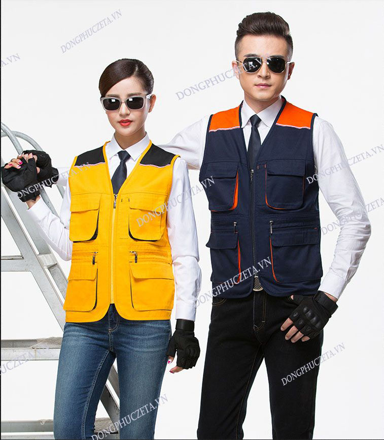 Áo gile phản quang kỹ thuật kỹ sư xây dựng công trình màu xanh đen phối cam