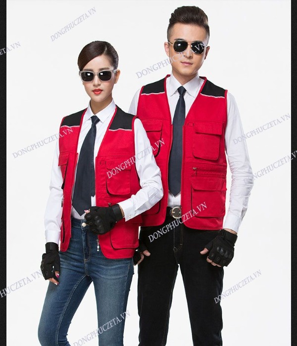 Áo gile phản quang túi hộp kỹ sư màu đỏ phối đen