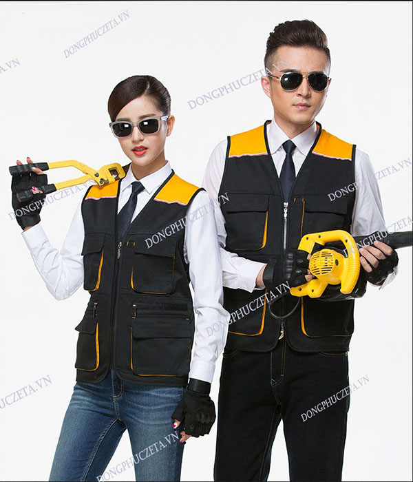 Áo gile phản quang kỹ thuật kỹ sư xây dựng công trình màu đen phối vàng