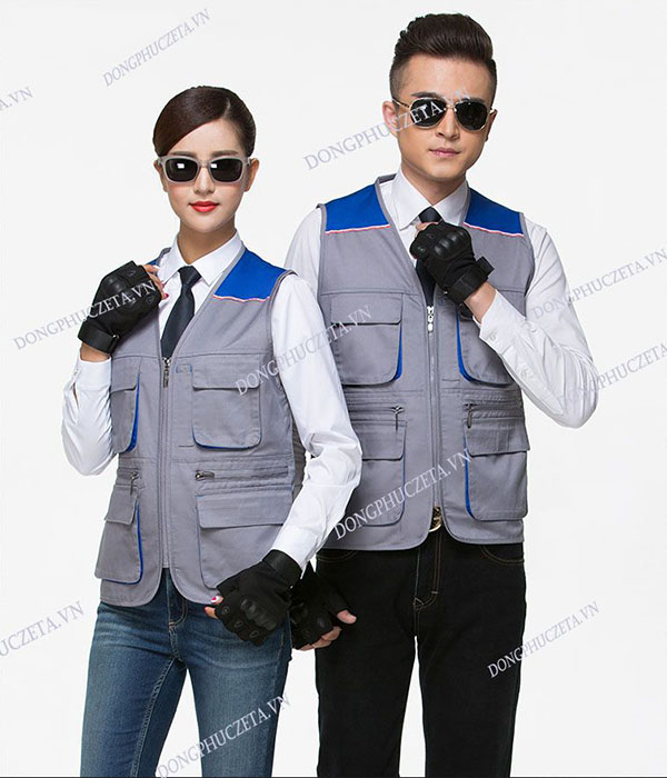 Áo đồng phục gile công trường kỹ thuật kỹ sư màu ghi sáng phối xanh