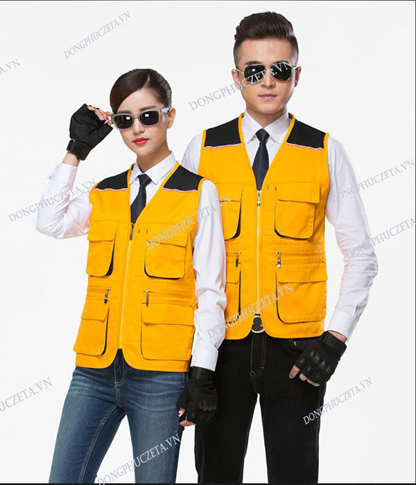 Áo gile phản quang kỹ thuật kỹ sư xây dựng công trình màu vàng phối đen