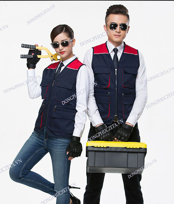 Áo gile phản quang kỹ thuật kỹ sư xây dựng công trình màu xanh tím than phối đỏ