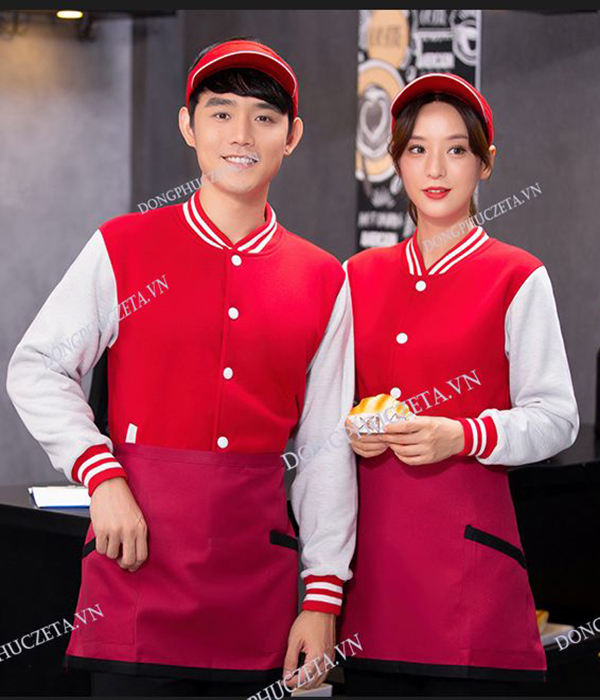 Áo khoác nỉ đồng phục nhà hàng mùa đông cho nhân viên phục vụ màu đỏ phối trắng