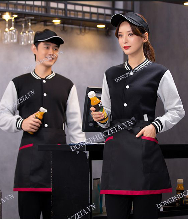 Áo khoác nỉ đồng phục nhà hàng mùa đông cho nhân viên phục vụ màu đen phối trắng
