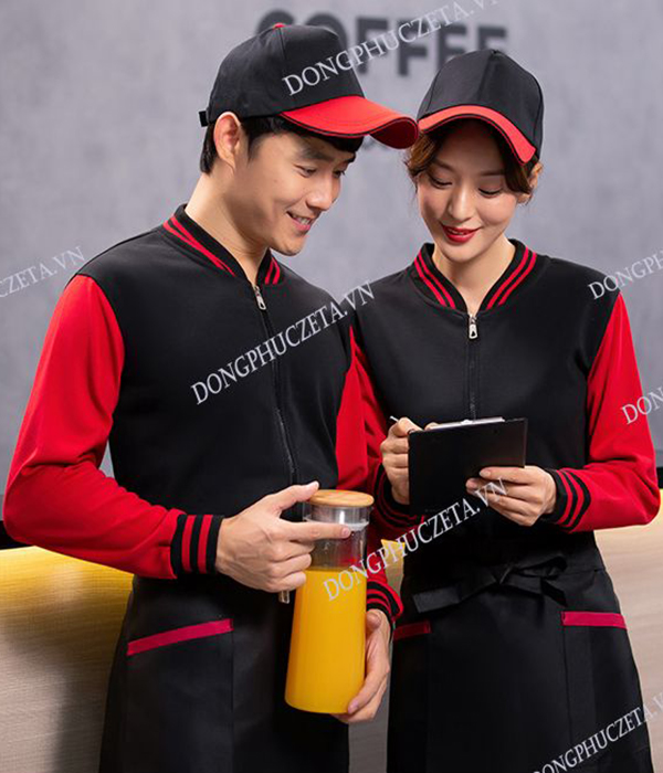 Áo khoác nỉ đồng phục nhà hàng mùa đông cho nhân viên phục vụ màu đen phối đỏ