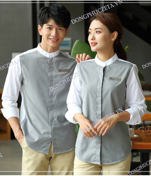 Áo phục vụ đồng phục nhà hàng Hàn Quốc dài tay màu ghi cho nhân viên lẩu nướng hotpot, coffee, tiệm bánh