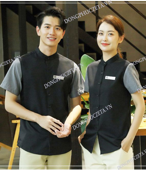 Đồng phục nhà hàng Hàn Quốc dài tay màu đen phối ghi cho nhân viên phục vụ lẩu nướng hotpot, coffee