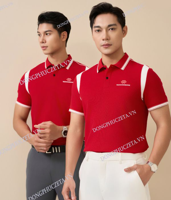 Áo Đồng Phục Công Ty Vải Prime Cotton Màu đỏ Phối Tay Vai Trắng Gạo