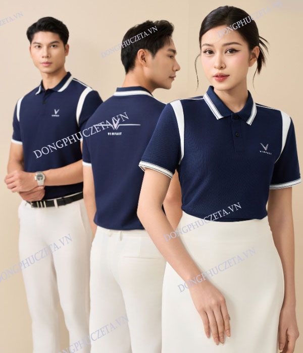 Áo Đồng Phục Công Ty Vải Prime Cotton Màu Xanh Đen Phối Tay Vai Trắng Gạo