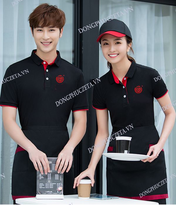 Áo phông đồng phục quán cafe đẹp màu đen phối nẹp và chân cổ màu đỏ