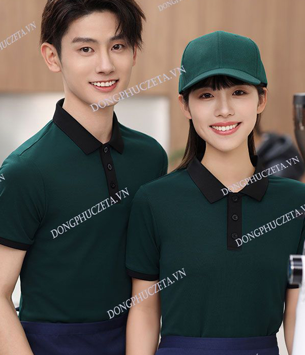 Mẫu Áo Phông Đồng Phục Nhà Hàng Màu xanh cổ vịt Phối đen – Thiết Kế Sang Trọng, Dễ Gây Thiện Cảm!