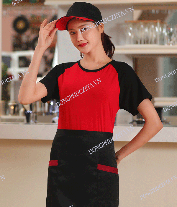 Áo Thun đồng phục nhân viên quán cafe cổ tròn màu đỏ tay raglan màu đen