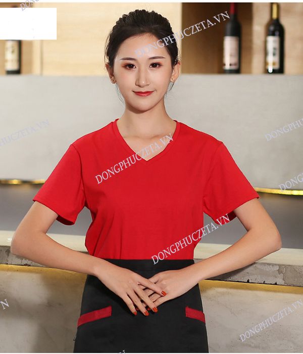 Áo thun đồng phục cô tim may sẵn màu đỏ cho nhân viên phục vụ quán cafe, trà chanh, trà sữa