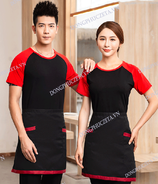 Áo Thun đồng phục nhân viên quán cafe cổ tròn cộc tay màu đen phối tay raglan màu đỏ