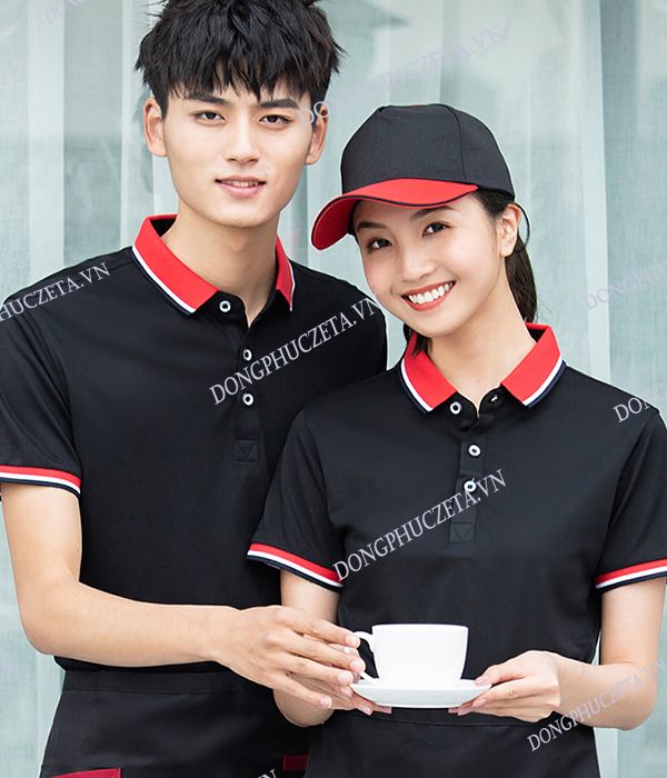 Đồng phục áo phông phục vụ cho quán trà sữa, cafe đẹp có cổ cộc tay màu đen cổ màu đỏ