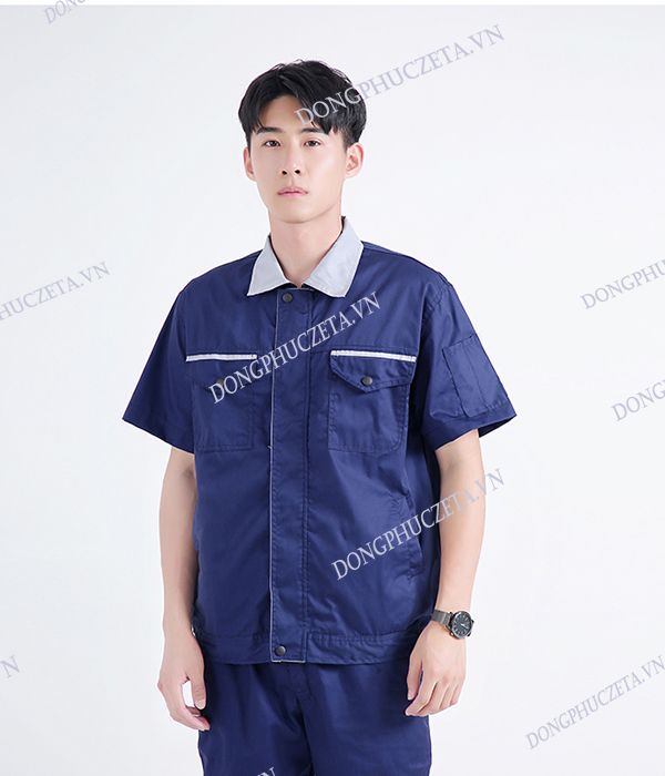 Đồng phục bảo hộ lao động nhà máy, cơ khí cộc tay mùa hè màu xanh navy phối ghi sáng