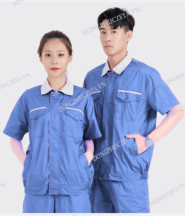 Đồng phục bảo hộ lao động nhà máy, cơ khí cộc tay mùa hè màu xanh blue phối ghi