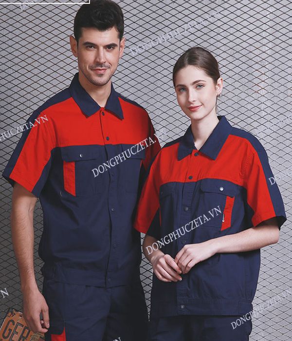 Quần áo đồng phục bảo hộ đẹp giá rẻ may sẵn màu xanh đen phối đỏ