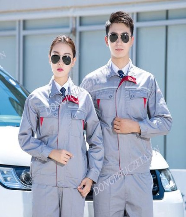 Mẫu quần áo đồng phục bảo hộ kỹ thuật điện nước dài tay màu ghi sáng