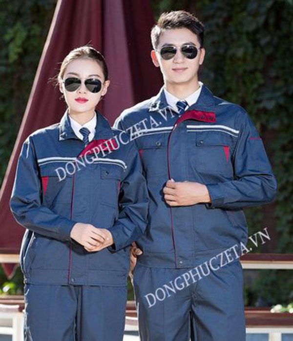 Mẫu quần áo đồng phục bảo hộ kỹ thuật điện nước dài tay màu xanh tím than nhạt