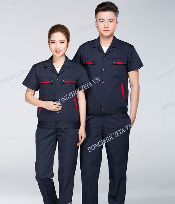 Quần áo bảo hộ đồng phục cho kỹ sư cổ hai ve cộc tay màu xanh tím than