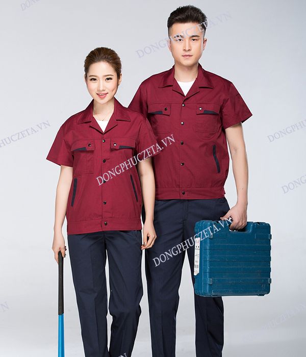Quần áo đồng phục cho kỹ sư cổ hai ve cộc tay màu đỏ đô