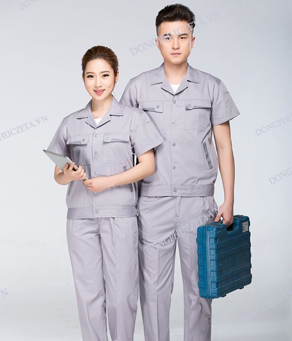 Quần áo đồng phục cho kỹ sư cổ hai ve cộc tay màu ghi sáng