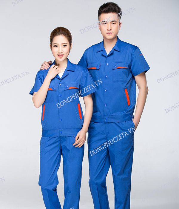 Quần áo đồng phục cho kỹ sư cổ hai ve cộc tay màu xanh da trời