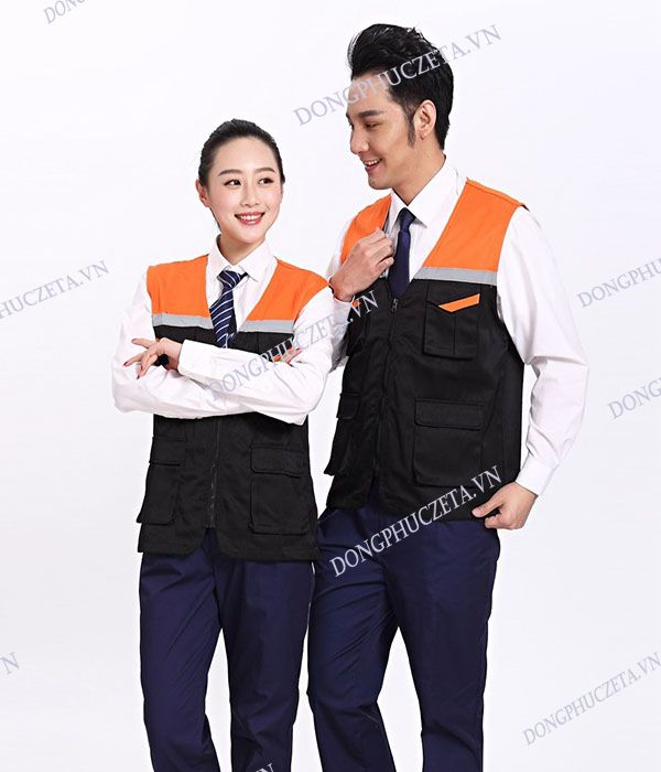 Áo gile phản quang đồng phục kỹ sư xây dựng túi hộp màu đen phối cam