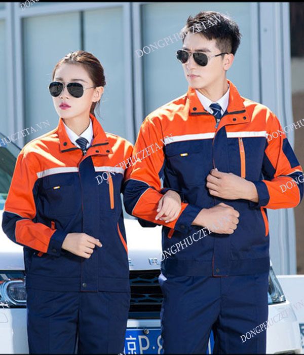 Quần áo đồng phục kỹ thuật điện nước dài tay màu xanh tím phối da cam