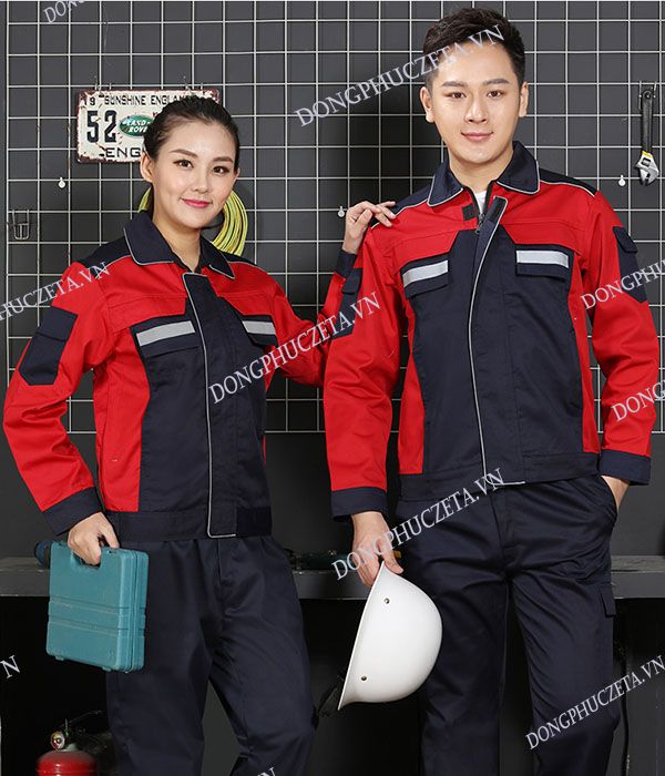 Quần áo đồng phục nhân viên kỹ thuật công trình màu xanh đen phối đỏ