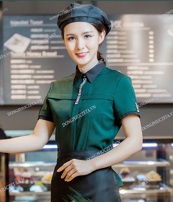 Đồng phục nhân viên quán cafe cộc tay màu xanh cổ vịt, nhà hàng lẩu, nhà hàng nướng, trà sữa