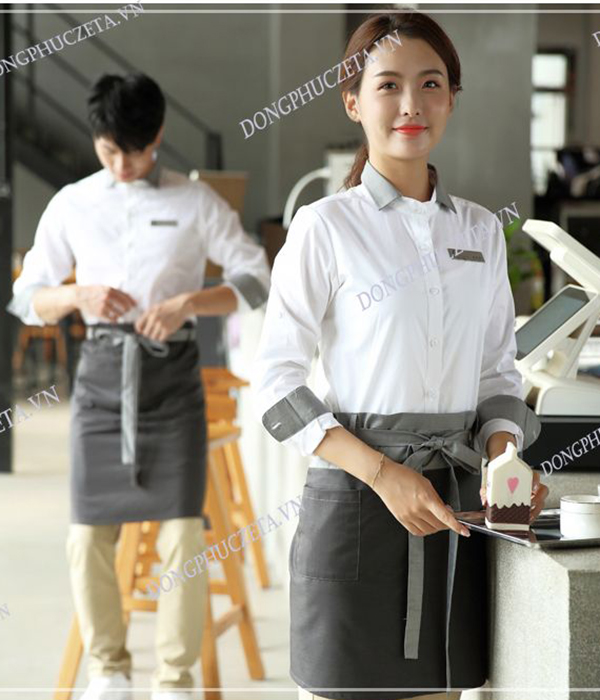 Đồng phục phục vụ nhà hàng hàn quốc màu trắng mùa đông dài tay lẩu nướng, hotpot, coffee, fast food, seafood