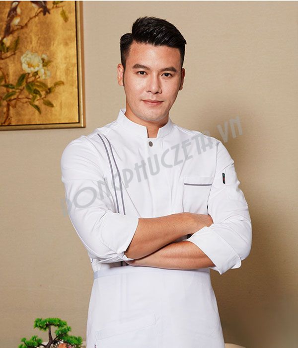 Bộ đồng phục đầu bếp màu trắng tay lỡ cho hotpot buffet hải sản, seafood,