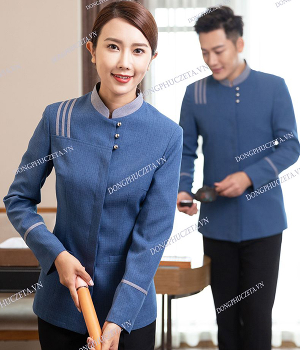 Đồng phục buồng phòng màu xanh da trời dài tay mùa đông cho nhân viên khách sạn, nhà nghỉ