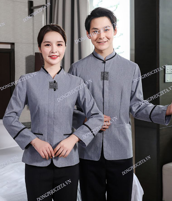 Đồng phục nhân viên buồng phòng khách sạn 5 sao, nhà nghỉ mùa thu dài tay màu ghi tối