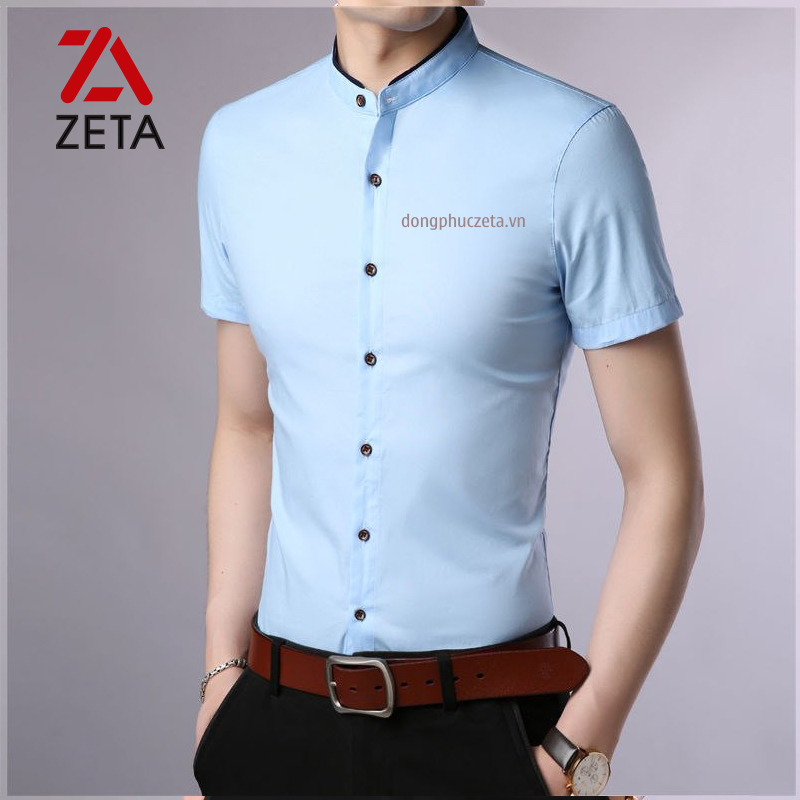 áo sơ mi nam cổ trụ cổ tàu màu xanh da trời