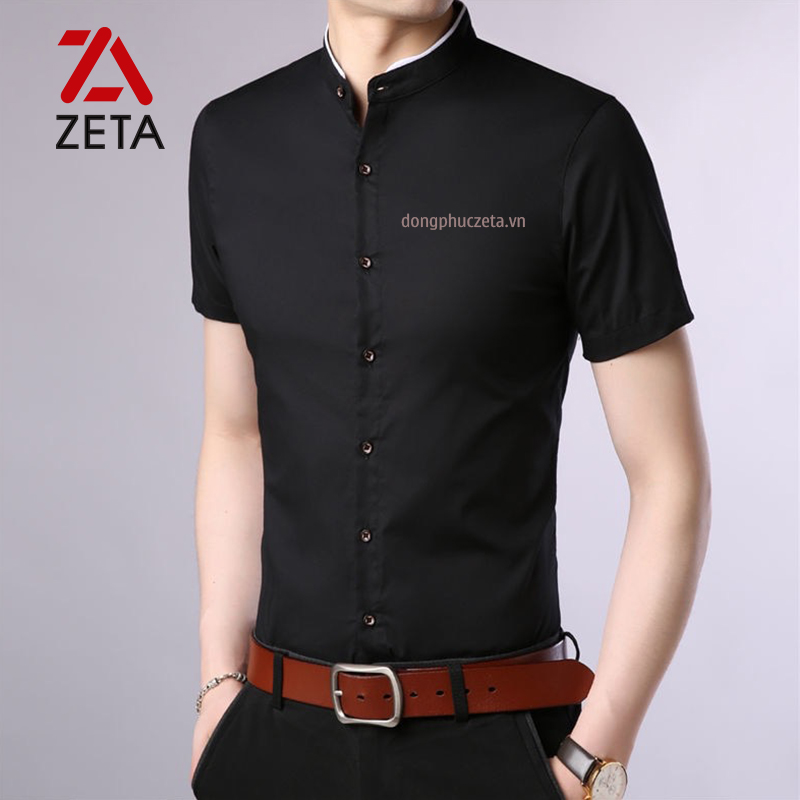 sơ mi nam đồng phục cổ trụ cổ tàu màu đen