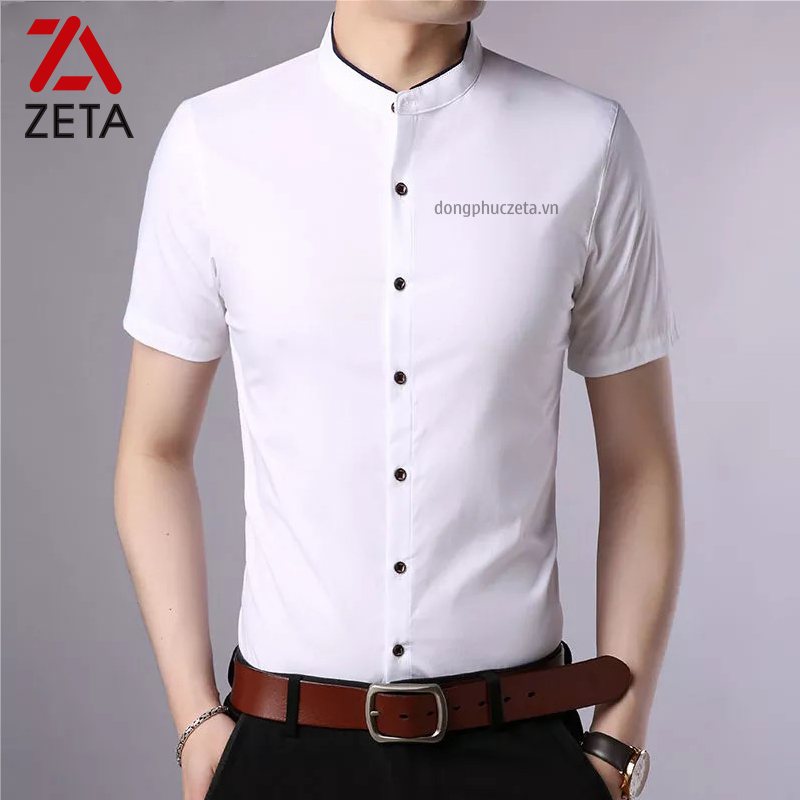 áo sơ mi cổ tàu màu trắng phối lé đường viền màu