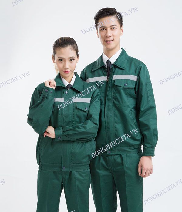 Mẫu áo đồng phục kỹ thuật kỹ sư màu xanh lá cây dài tay có phản quang trước ngực