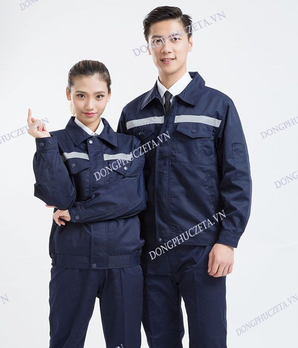 Mẫu áo đồng phục kỹ thuật kỹ sư màu xanh tím than dài tay có phản quang trước ngực