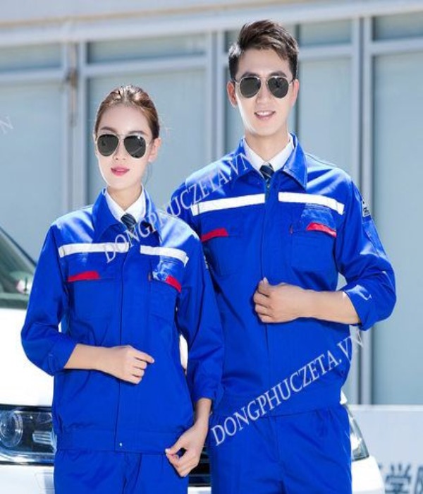 Mẫu quần áo kỹ thuật điện nước công trình dài tay màu xanh dương phối đỏ
