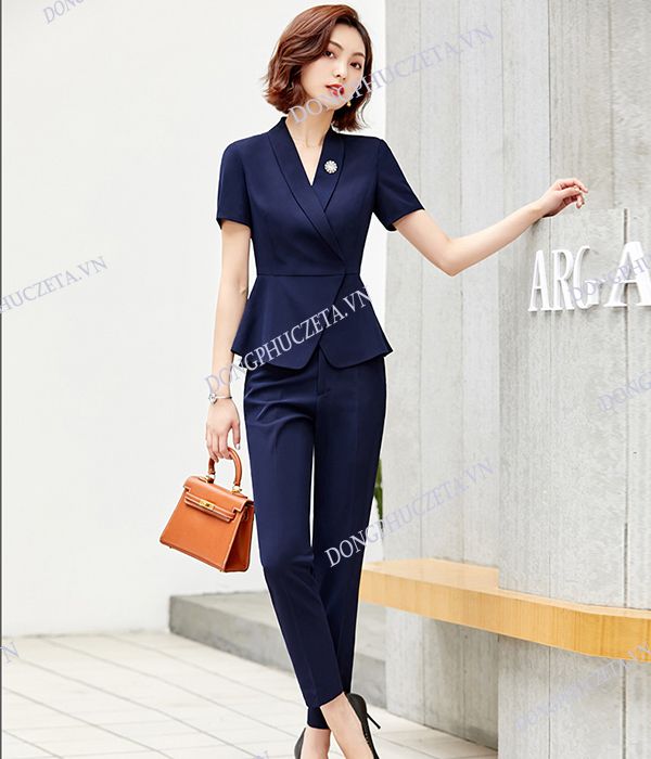 Mẫu vest nữ đồng phục đẹp vạt xòe, cổ vest cách điệu cong hình vòm