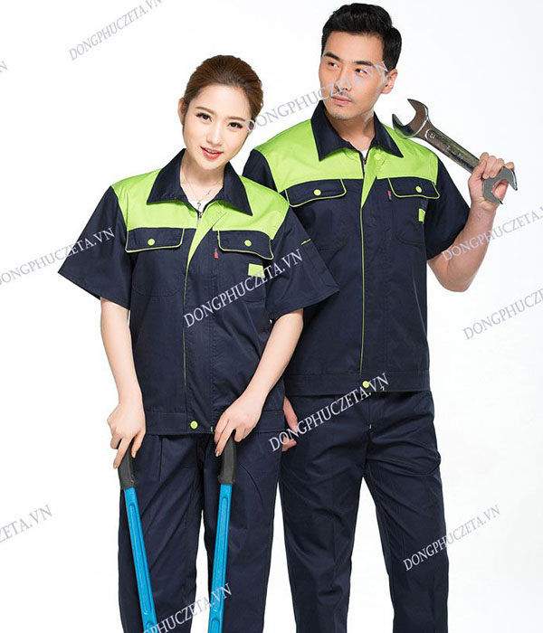 Quần áo đồng phục kỹ sư tòa nhà cộc tay màu xanh tím than phối xanh nõn chuối