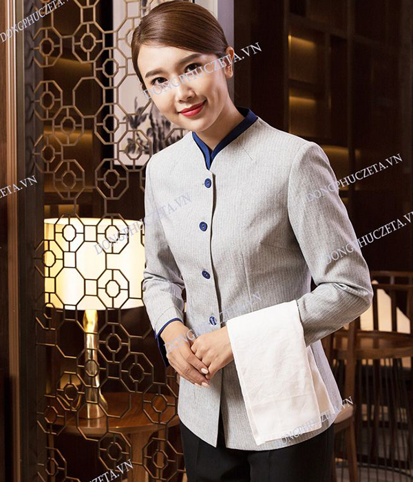 Quần áo đồng phục buồng phòng khách sạn nhà nghỉ mùa đông dài tay màu xanh