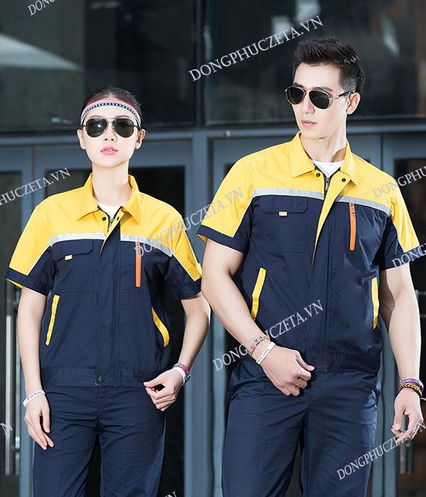 Quần áo đồng phục kỹ sư cộc tay mùa hè màu xanh đen phối vàng