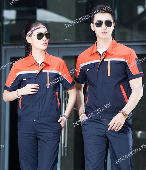 Quần áo đồng phục kỹ sư cộc tay công trình điện nước màu xanh đen phối cam