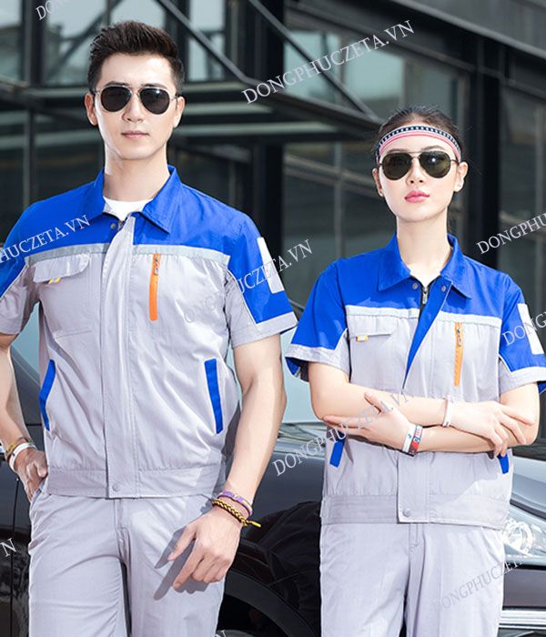 Quần áo đồng phục kỹ sư cộc tay công trình điện lạnh màu ghi sáng phối xanh