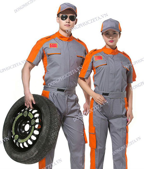 Quần áo đồng phục nhân viên kỹ thuật, kỹ sư cho garage ô tô xe máy màu ghi phối cam