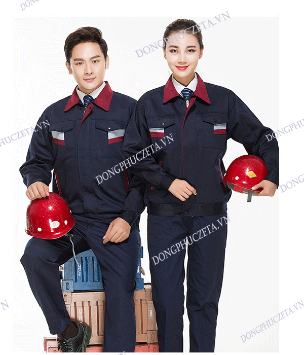 Quần áo đồng phục kỹ thuật tòa nhà dài tay màu xanh tím than phối đỏ đô